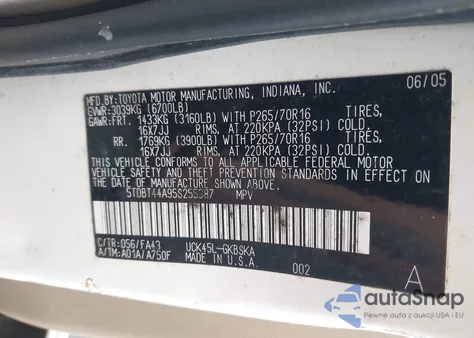 2005 Toyota Sequoia Sr5 V8 from USA, damaged, VIN 5TDBT44A95S255387